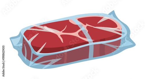 Vacuum-sealed raw red meat illustration, fresh beef steak in plastic packaging, isolated on white background, ready for cooking
