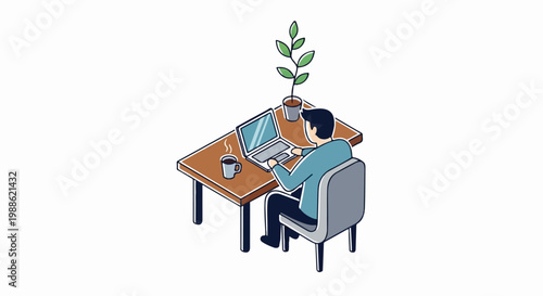 Person working on a laptop at a desk with coffee and a plant