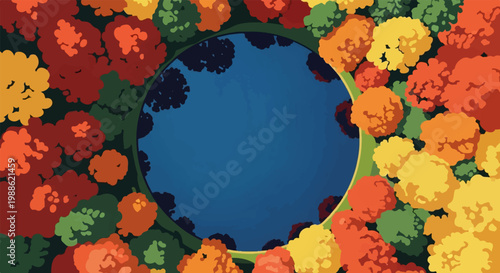 A vibrant aerial view of a circular body of water surrounded by autumn trees in red, orange, and yellow hues