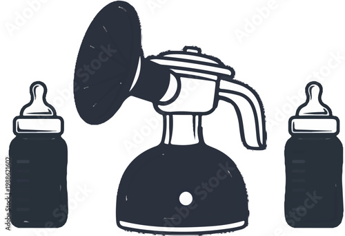 A minimalist illustration shows a breast pump flanked by two baby bottles in dark blue tones