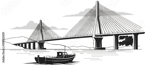 A striking black and white illustration of a cable-stayed bridge crossing a body of water, with a small boat in the foreground