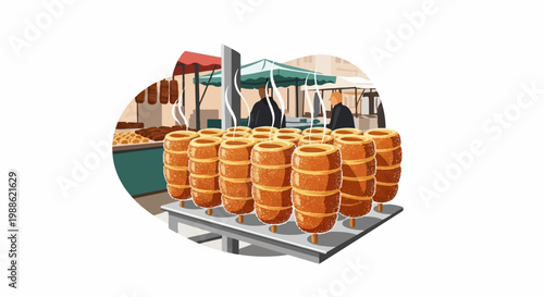 Cylindrical pastries cooking on skewers at an outdoor market stall with vendors