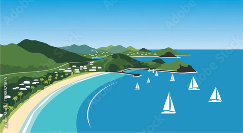 A serene coastal panorama unfolds with lush green hills, white buildings, a sandy beach, turquoise waters, and sailboats