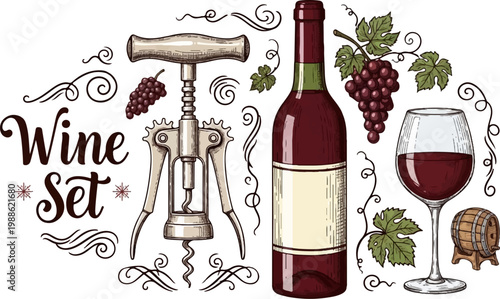 A vintage wine set illustration with a corkscrew, bottle, glass, grapes, and barrel