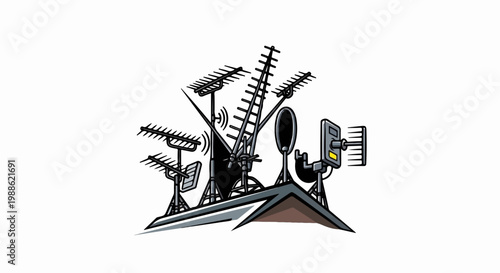 A rooftop antenna array with signal waves and a directional receiver