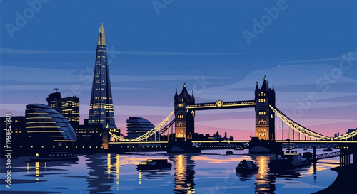 Pixel art cityscape at dusk, featuring iconic bridge and modern skyscraper reflecting in water