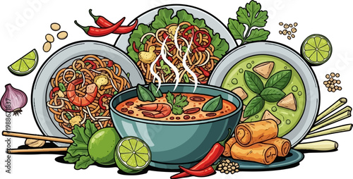 Assortment of colorful Asian dishes, including noodles, soup, spring rolls, and fresh ingredients