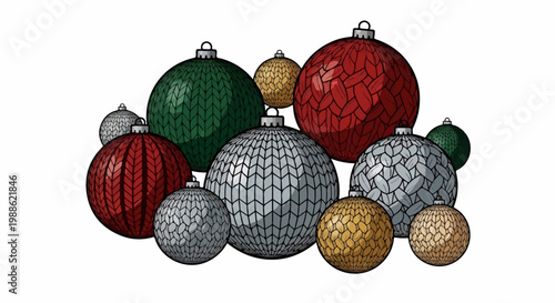 A collection of festive, textured Christmas ornaments in various sizes and colors