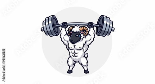 Muscular ram with horns lifts a heavy barbell over its head, showing its strength
