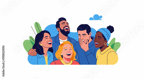 Diverse group of people joyfully laughing together, surrounded by stylized plants and clouds