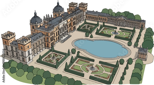An elaborate architectural drawing showcases a grand estate with formal gardens and a central pond