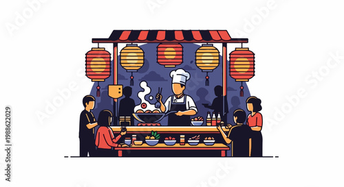 Asian food stall with chef cooking and customers eating