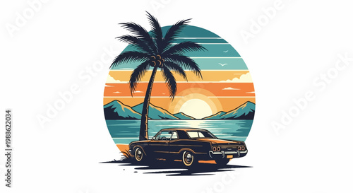 Pixelated classic car parked by a palm tree with a vibrant sunset over the ocean
