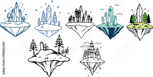 Vector Icon of a Miniature Floating Island with Crystal Trees, Outline Style, Minimal, White Background