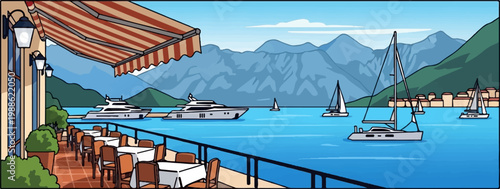 Waterside cafe with yachts and sailboats moored offshore against a mountainous backdrop