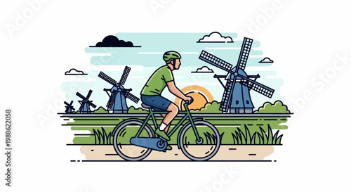 Cyclist rides past windmills at sunset under a stylized sky with clouds