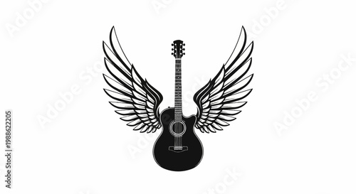 Black acoustic guitar with large outstretched wings against a white background