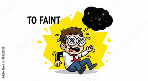 A cartoon man in a shirt and tie is falling, with dizzy spirals in his eyes and a thought bubble