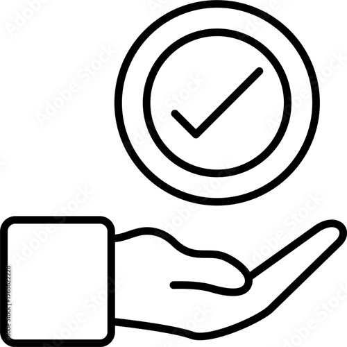 Business approval service outline icons set. hand support, check mark, verification symbol, quality assurance, trust, validation, secure service, success, confirmation