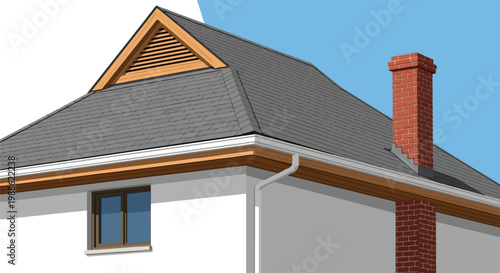 Close-up of a house roof with a brick chimney and gabled vent