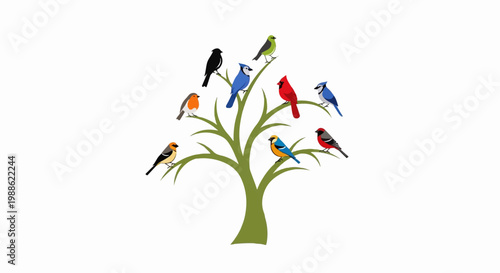 A stylized illustration of a green tree with ten colorful birds perched on its branches