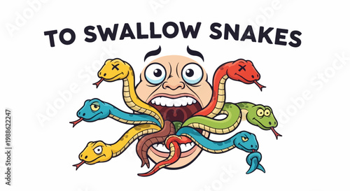 Cartoon mouth filled with snakes, one with Xs for eyes