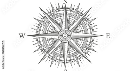 Detailed vintage-style compass rose illustration with cardinal directions.