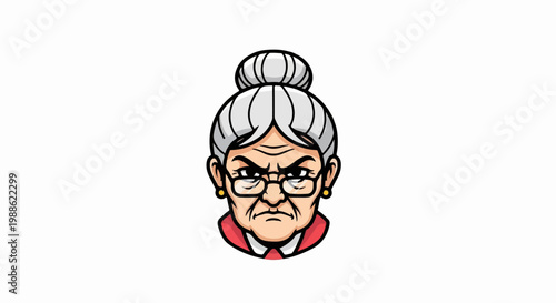 Cartoonish depiction of an angry elderly woman with grey hair in a bun and glasses