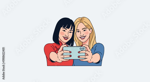 Two women, one with black hair and wearing red, the other with blonde hair wearing blue, taking a selfie with a light blue phone