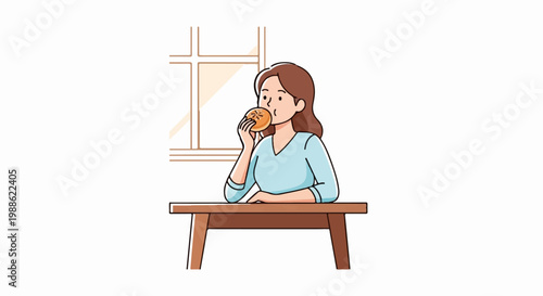 A woman sits at a table indoors, eating a pastry near a window
