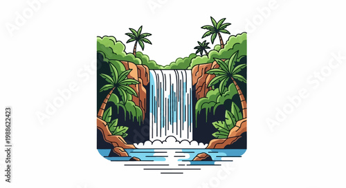 Lush tropical waterfall cascades into a serene blue pool surrounded by palm trees