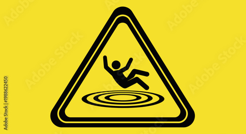A yellow triangular warning sign with a black pictogram of a person slipping on a wet floor, indicating caution for slippery surfaces.