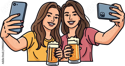 Two smiling young women taking a selfie and holding beers