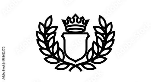 Vintage heraldic emblem design featuring a royal shield with a gold laurel wreath leaf frame and a crown insignia on a decorative ribbon banner vector illustration