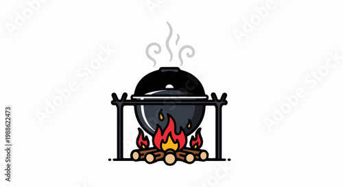 A black cooking pot is suspended over a campfire, with smoke rising