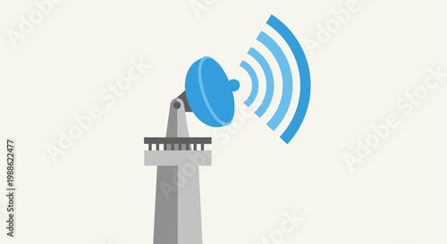 A minimalist flat illustration of a blue satellite dish or communication antenna on a grey tower emitting blue radio waves against a plain background.