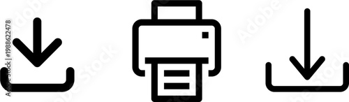 Download and print service icons outline icons set. download, upload arrows, printer device, document output, data transfer, office tools, web interface, ui symbols