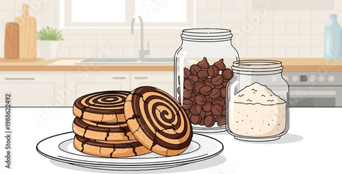 A still life featuring chocolate swirl cookies, chips, and flour in a kitchen setting