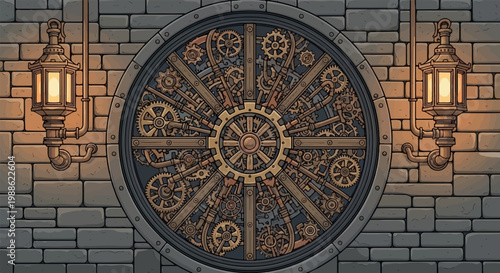 Intricate steampunk clockwork mechanism with ornate gas lamps mounted on a brick wall