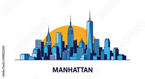 Stylized blue skyline of iconic tall buildings set against a vibrant orange sun