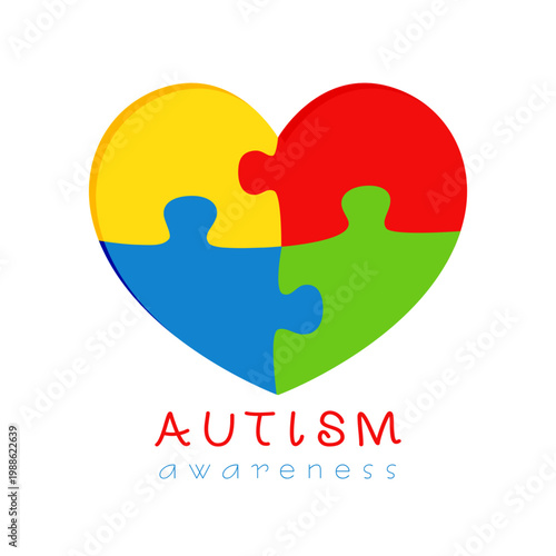 3D paper heart with colorful puzzles. Autism awareness banner. Cute symbol. Branding identity concept. Clothing design