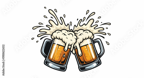 Two frothy beer mugs clinking, splashing foamy heads outwards