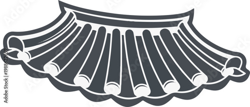 Stylized, monochrome illustration of a curved, layered roof design with parallel vertical elements