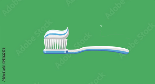 A blue and white toothbrush with striped toothpaste on green background