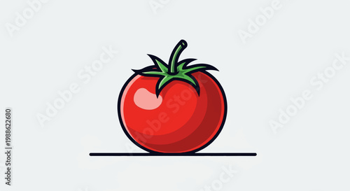 A vibrant red tomato with a green stem and leaves sits on a thin black line
