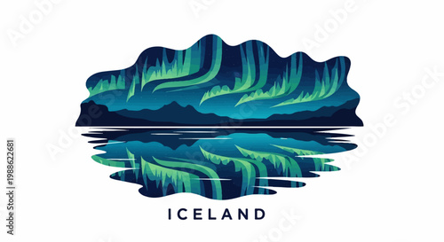 Stylized aurora borealis over a mountain lake, reflecting a vibrant display of green and blue light in the water below