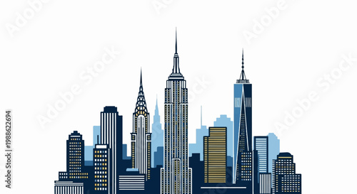 Stylized New York City skyline with iconic skyscrapers in shades of blue and yellow