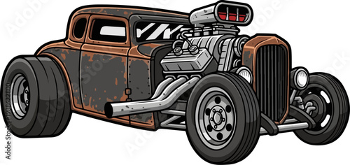 A stylized, rusty hot rod car with a massive supercharger and exposed engine parts