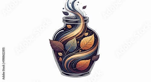 Abstract jar with swirling colors and autumn leaves, emitting smoke