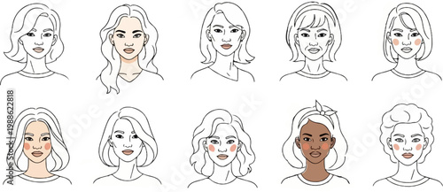 Collection of diverse sketched female faces with varied hairstyles and subtle blush accents
